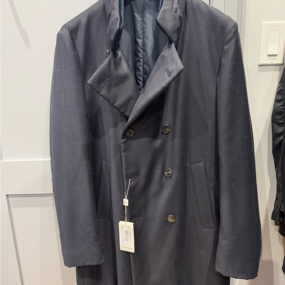 Navy Double Breasted Trench Coat with Wide Lapels and Tailored Fit